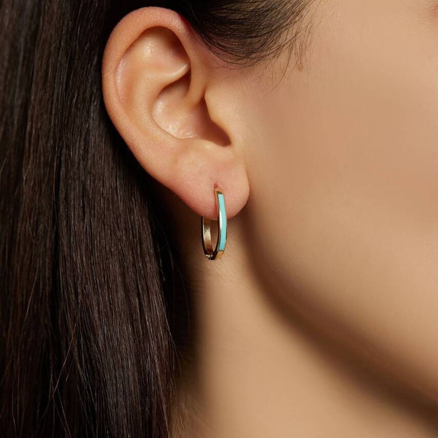 Turkuaz Mineli İnce Altın Halka Küpe - 1