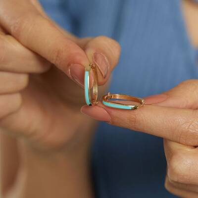 Turkuaz Mineli İnce Altın Halka Küpe - 2