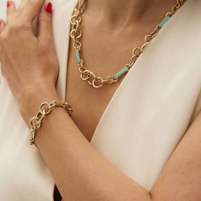Turkuaz Mineli İri Zincirli Altın Kolye - 2