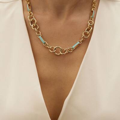 Turkuaz Mineli İri Zincirli Altın Kolye - 1