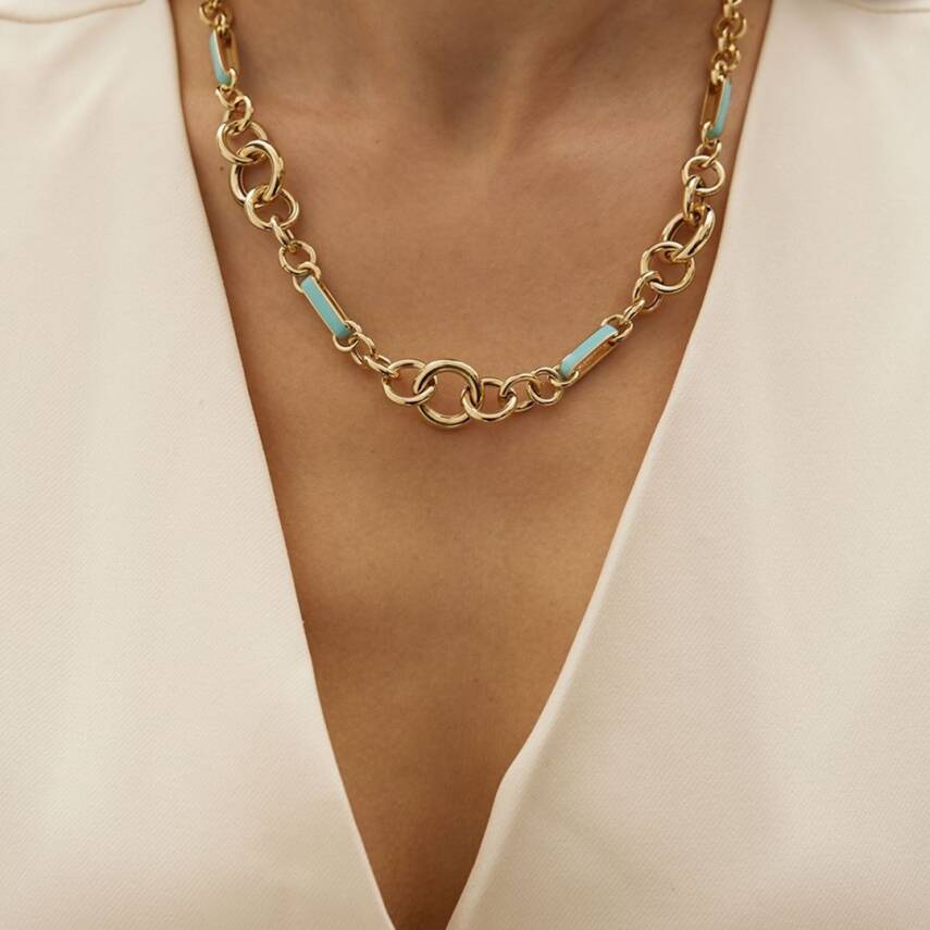 Turkuaz Mineli İri Zincirli Altın Kolye - Semih Haşhaş Kuyumculuk