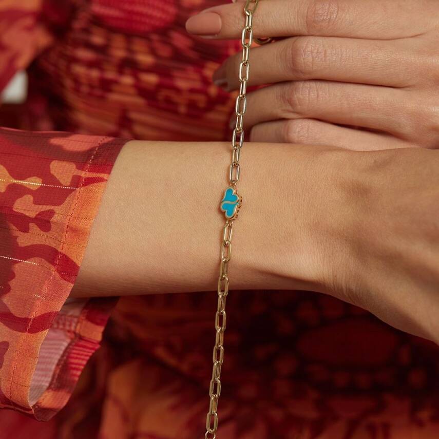 Turkuaz Mineli Kalpli Ataş Zincir Altın Bileklik - Semih Haşhaş Kuyumculuk