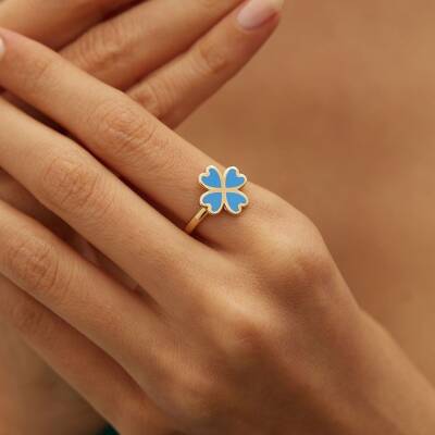 Turkuaz Mineli Kalpli Yonca Altın Yüzük - 1