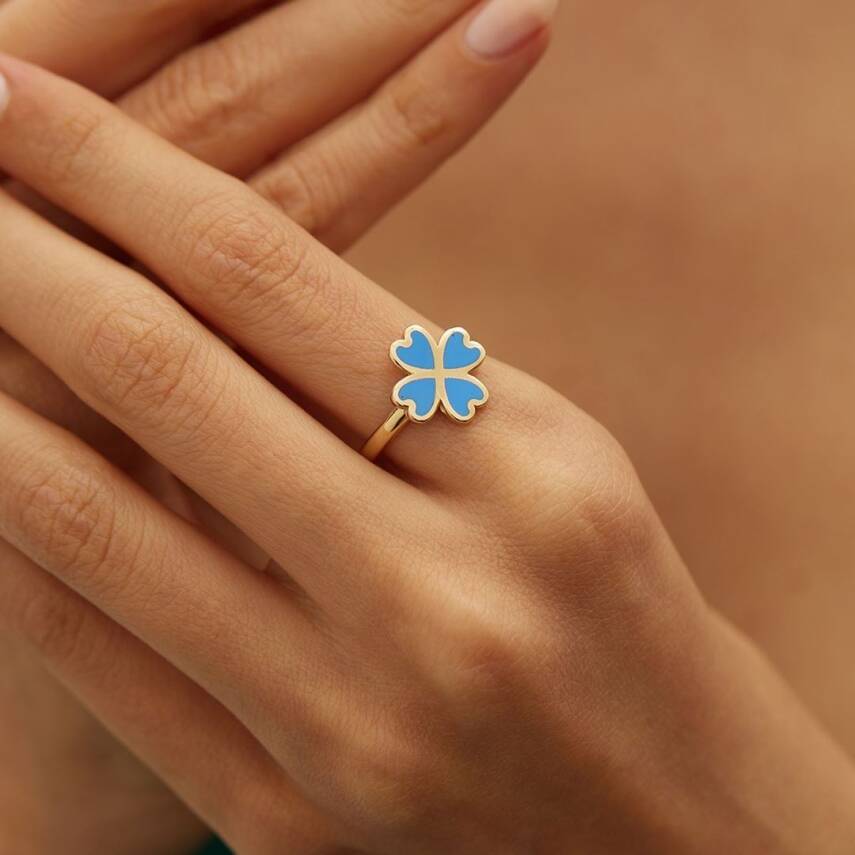 Turkuaz Mineli Kalpli Yonca Altın Yüzük - Semih Haşhaş Kuyumculuk