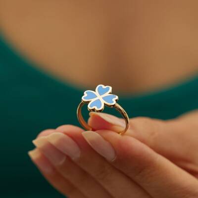 Turkuaz Mineli Kalpli Yonca Altın Yüzük - 2