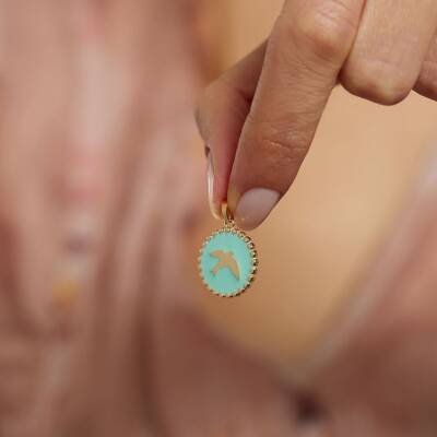 Turkuaz Mineli Kuş Figürlü Altın Kolye Ucu - 1