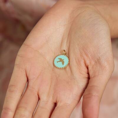 Turkuaz Mineli Kuş Figürlü Altın Kolye Ucu - 2