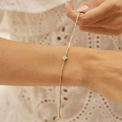 Turkuaz Mineli Minimal Yonca Altın Bileklik - 1