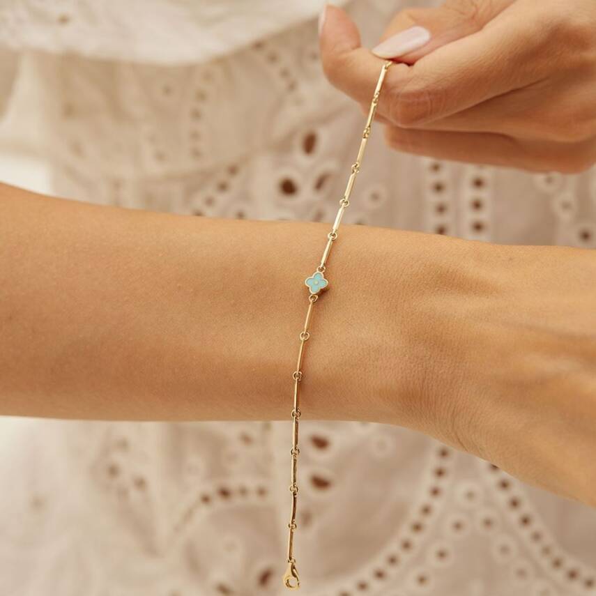 Turkuaz Mineli Minimal Yonca Altın Bileklik - Semih Haşhaş Kuyumculuk