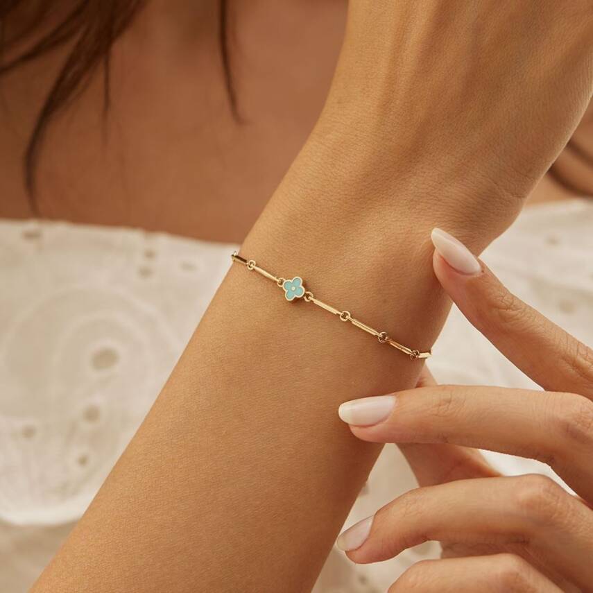 Turkuaz Mineli Minimal Yonca Altın Bileklik - Semih Haşhaş Kuyumculuk (1)