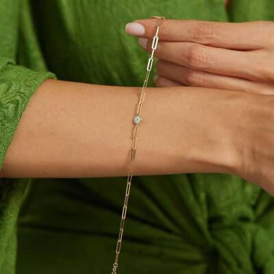 Turkuaz Mineli Nazar Boncuklu Ataş Zincir Altın Bileklik - 1