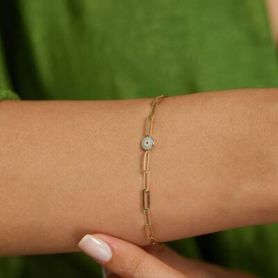 Turkuaz Mineli Nazar Boncuklu Ataş Zincir Altın Bileklik - 2