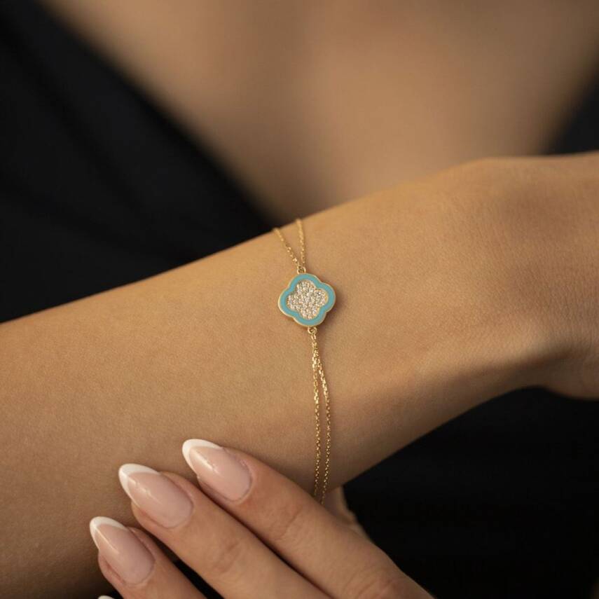 Turkuaz Mineli Taşlı Yonca Altın Bileklik - Semih Haşhaş Kuyumculuk