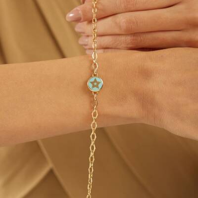 Turkuaz Mineli Yıldızlı Altın Zincir Bileklik - 1