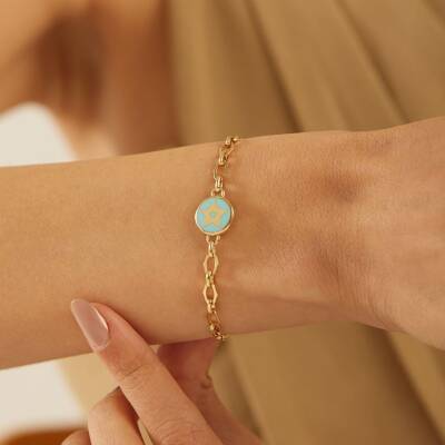 Turkuaz Mineli Yıldızlı Altın Zincir Bileklik - 2