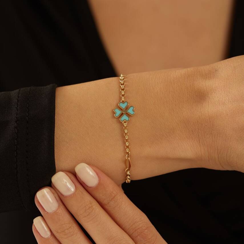 Turkuaz Mineli Yonca Altın Bileklik - Semih Haşhaş Kuyumculuk