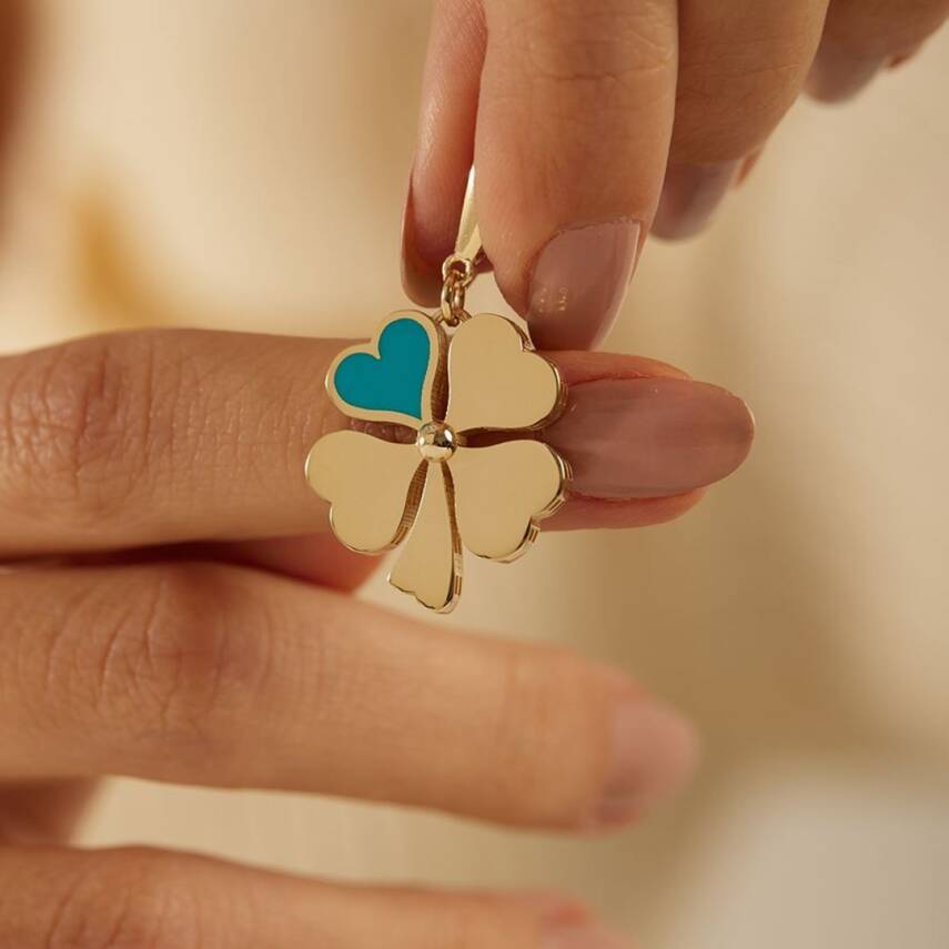 Turkuaz Mineli Yonca Altın Kolye Ucu - Semih Haşhaş Kuyumculuk