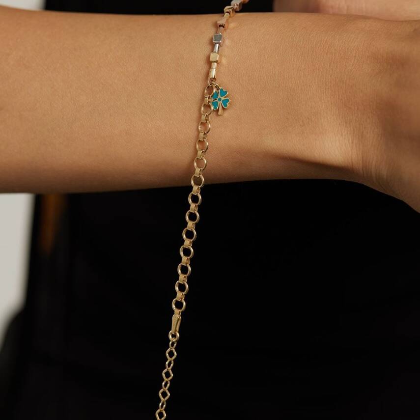 Turkuaz Mineli Yonca Sallantılı Altın Bileklik - Semih Haşhaş Kuyumculuk