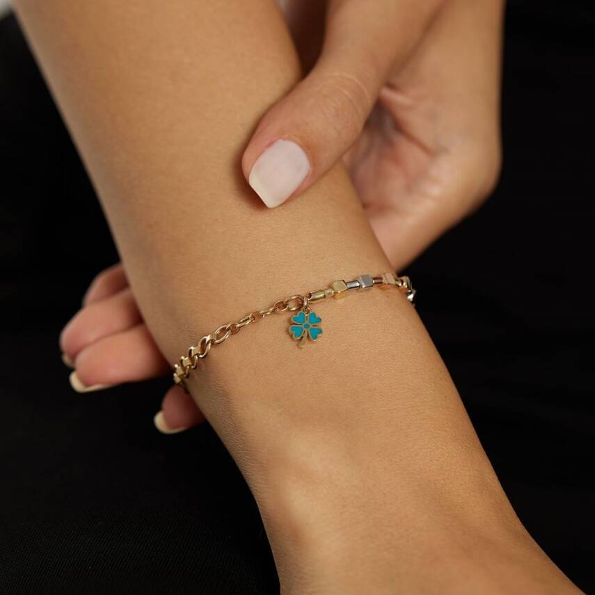 Turkuaz Mineli Yonca Sallantılı Altın Bileklik - Semih Haşhaş Kuyumculuk (1)