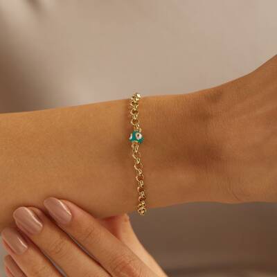 Turkuaz Nazar Boncuklu Doç Zincir Altın Bileklik - 1