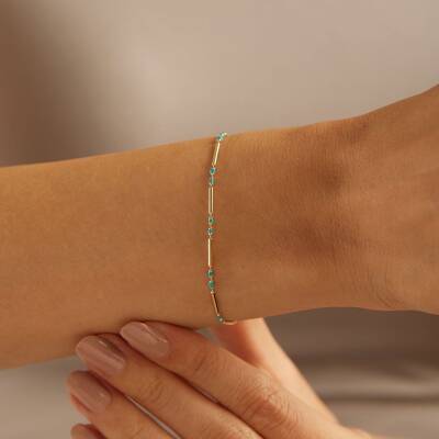 Turkuaz Taşlı Boru Zincir Altın Bileklik - 1