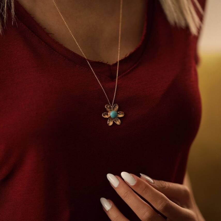 Turkuaz Taşlı Papatya Altın Kolye - 1