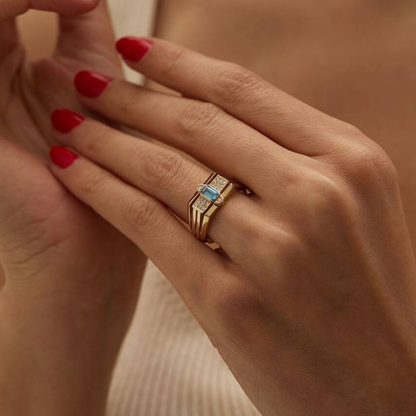 Turkuaz Ve Minimal Taşlı Altın Tasarım Yüzük - 1