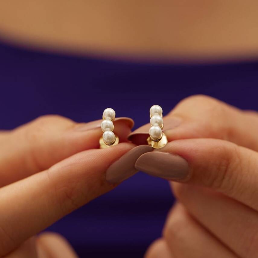 Üç İnci Dizili Altın Küpe - 3