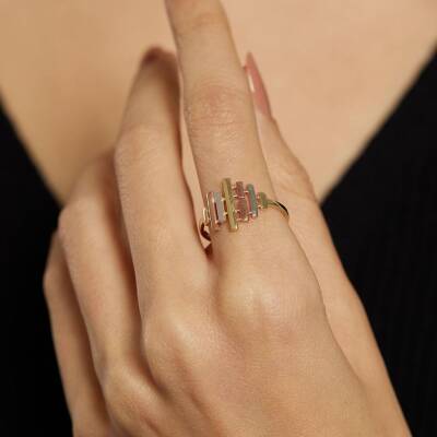 Üç Renk Altın Şeritli Modern Yüzük - 1