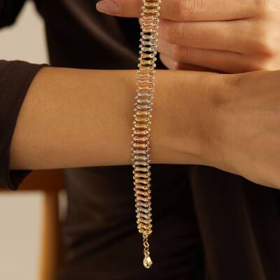 Üç Renk Boru Tasarımlı Altın Bileklik - 1