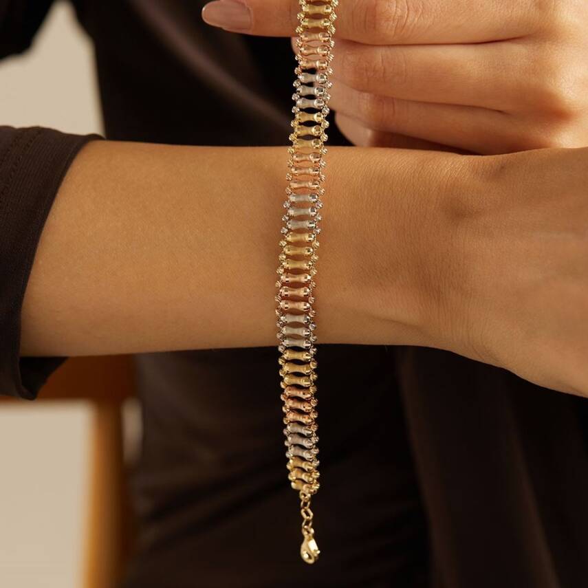 Üç Renk Boru Tasarımlı Altın Bileklik - 1