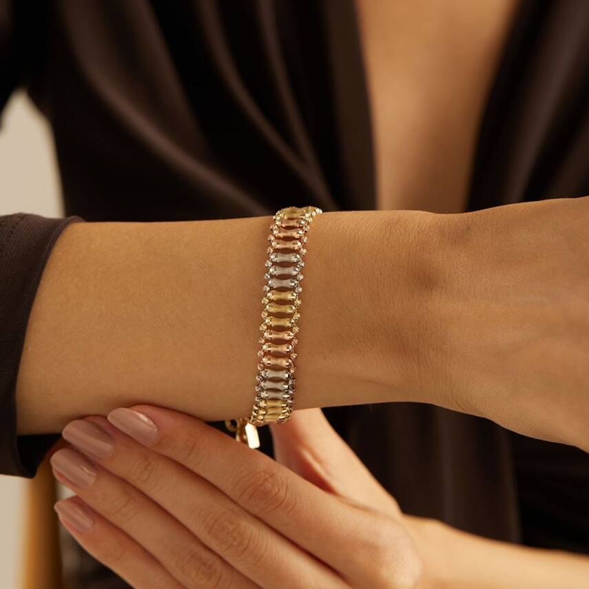 Üç Renk Boru Tasarımlı Altın Bileklik - 2