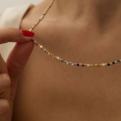 Üç Renk Dorika Ve Küplü Altın Zincir Kolye - 2