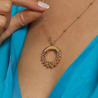 Üç Renk Dorikalı Yuvarlak Altın Kolye - 1