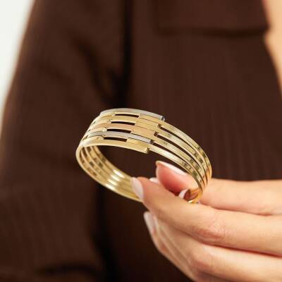 Üç Renk Kaburga Model Altın Kelepçe Bilezik - 2