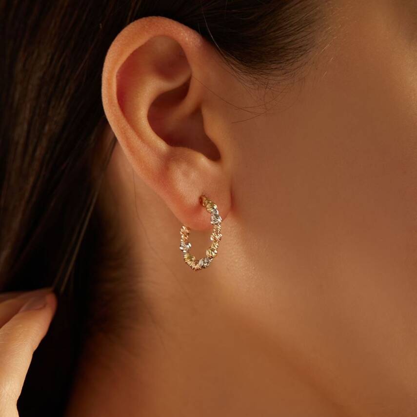 Üç Renkli Dorika Toplu Halka Altın Küpe - Semih Haşhaş Kuyumculuk