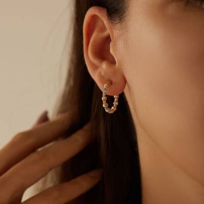 Üç Renkli Dorika Toplu Halka Altın Küpe - 2