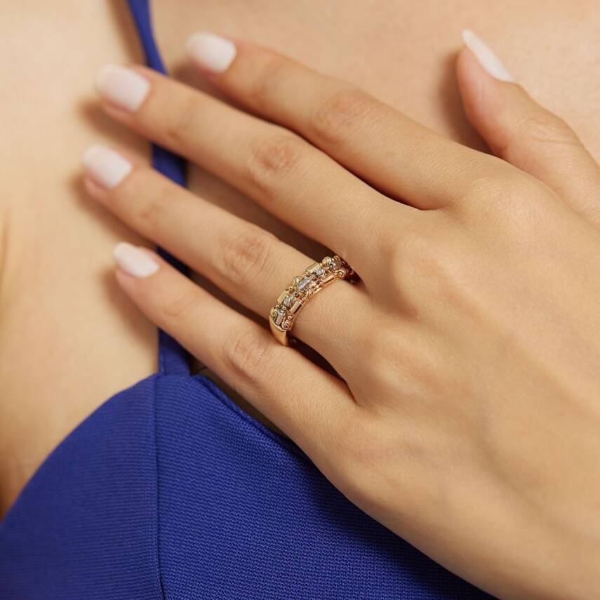 Üç Renkli Dorika Toplu Tasarım Altın Yüzük - Semih Haşhaş Kuyumculuk (1)