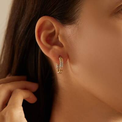 Üç Renkli İkili Dorika Toplu Halka Altın Küpe - 1