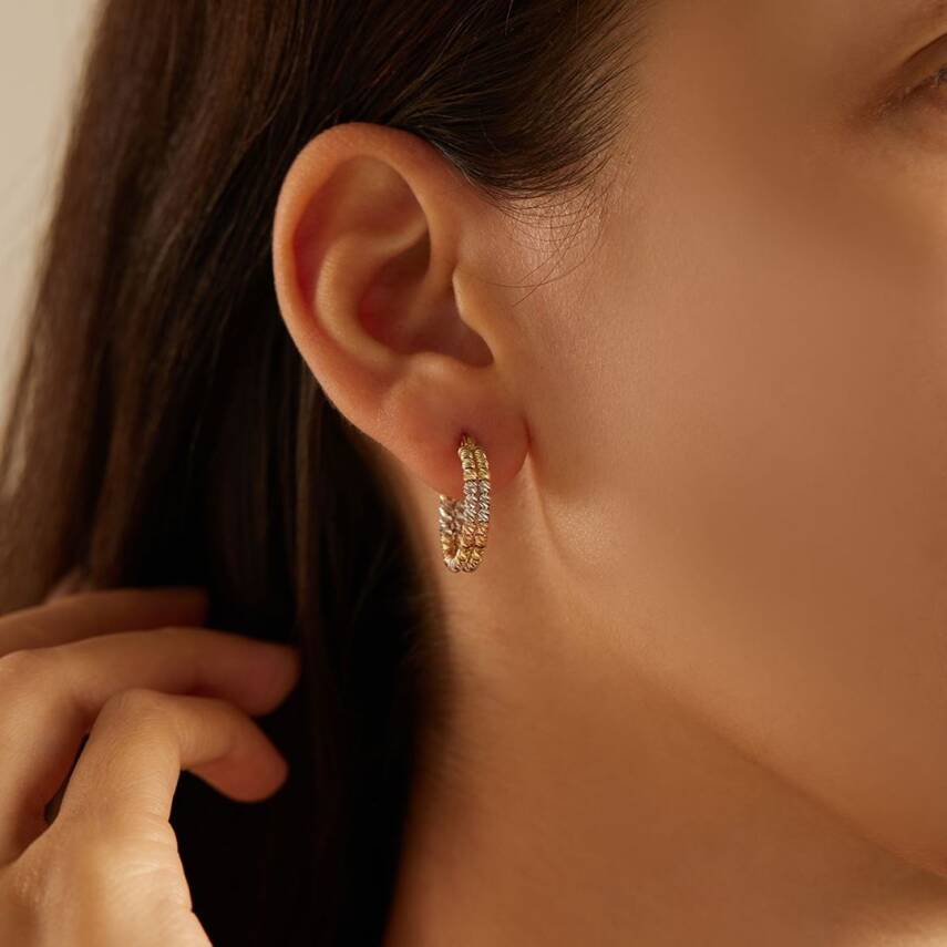 Üç Renkli İkili Dorika Toplu Halka Altın Küpe - Semih Haşhaş Kuyumculuk