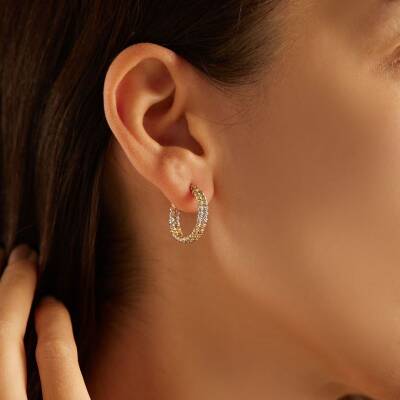 Üç Renkli İkili Dorika Toplu Halka Altın Küpe - 2