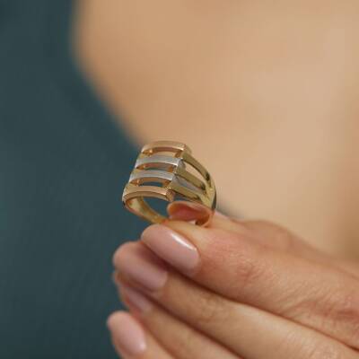 Üç Renkli Kaburga Tasarım Altın Yüzük - 1