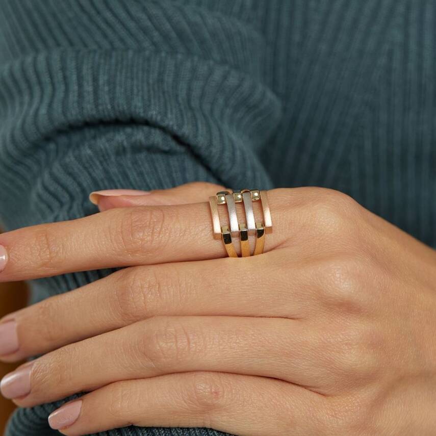 Üç Renkli Kaburga Tasarım Altın Yüzük - Semih Haşhaş Kuyumculuk (1)