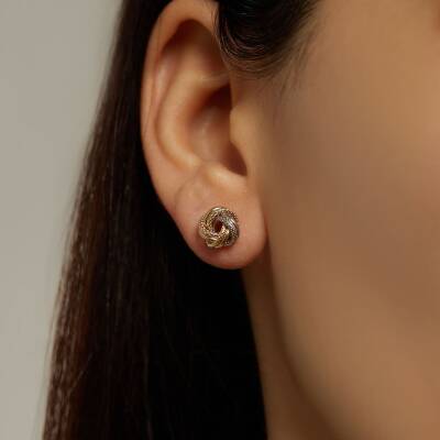 Üç Renkli Kalemli Düğüm Altın Küpe - 1