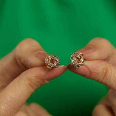 Üç Renkli Kalemli Düğüm Altın Küpe - 2