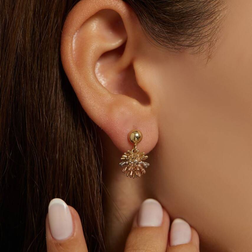 Üç Renkli Saçaklı Top Altın Küpe - Semih Haşhaş Kuyumculuk