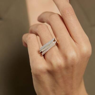 Üç Renkli Şerit Taşlı Altın Yüzük - 1