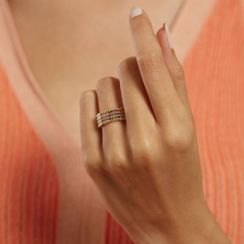 Üç Renkli Şerit Taşlı Altın Yüzük - Semih Haşhaş Kuyumculuk