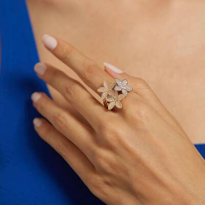 Üç Renkli Taşlı Çiçek Altın Yüzük - 1