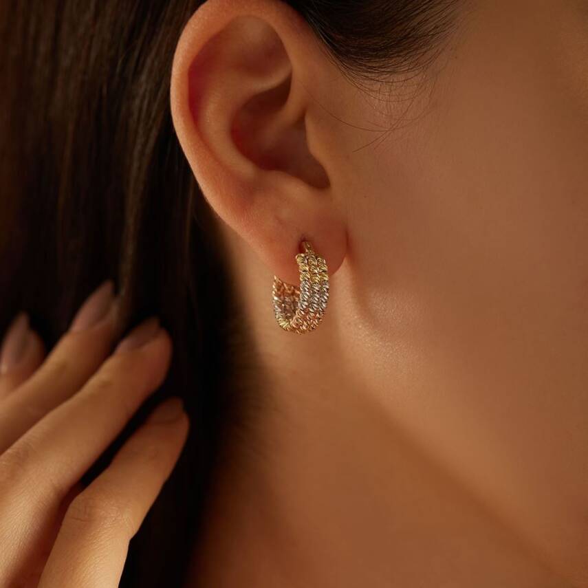 Üç Renkli Üçlü Dorika Toplu Halka Altın Küpe - Semih Haşhaş Kuyumculuk